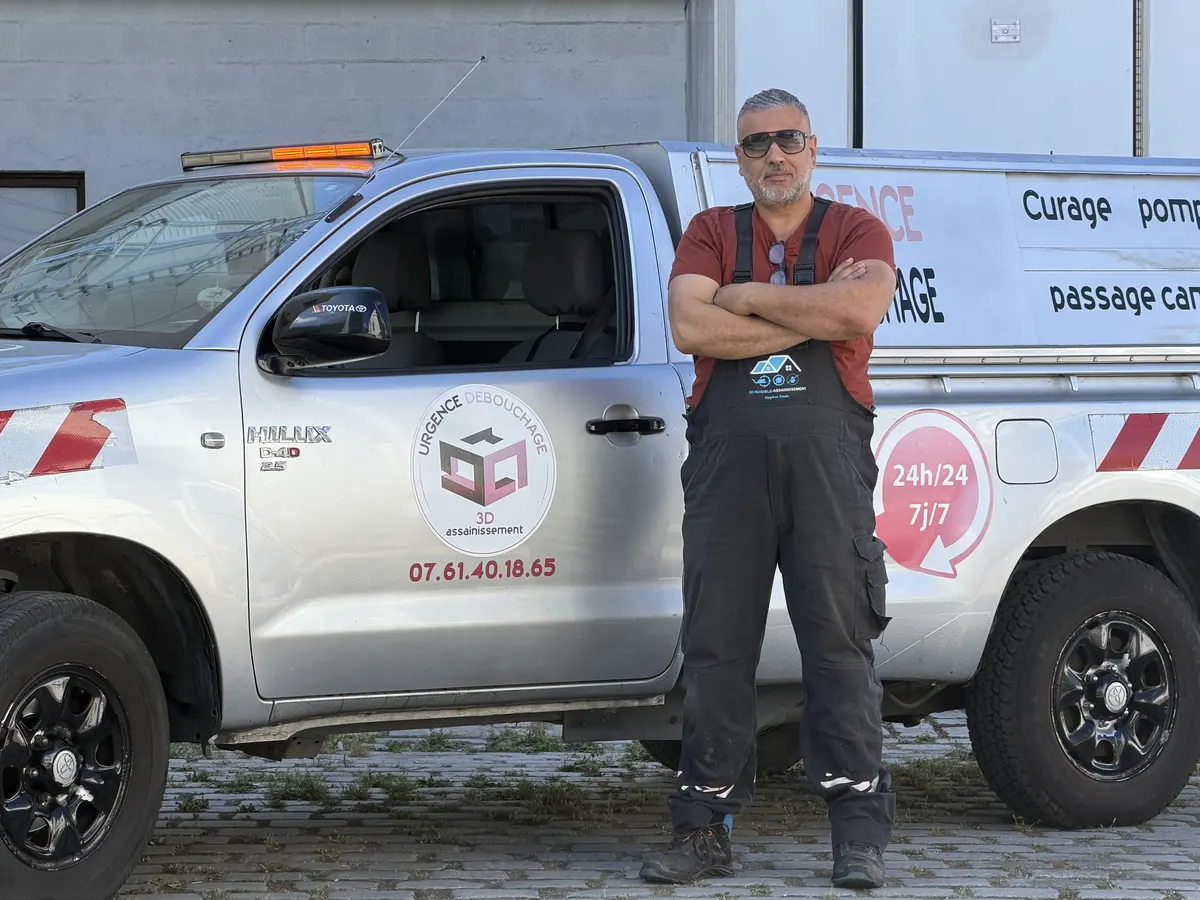 Technicien 3D Assainissement devant son camion d'intervention de débouchage à Aubervilliers (93)